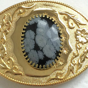 Gold Belt Buckle with Snowflake Obsidian Cabochon